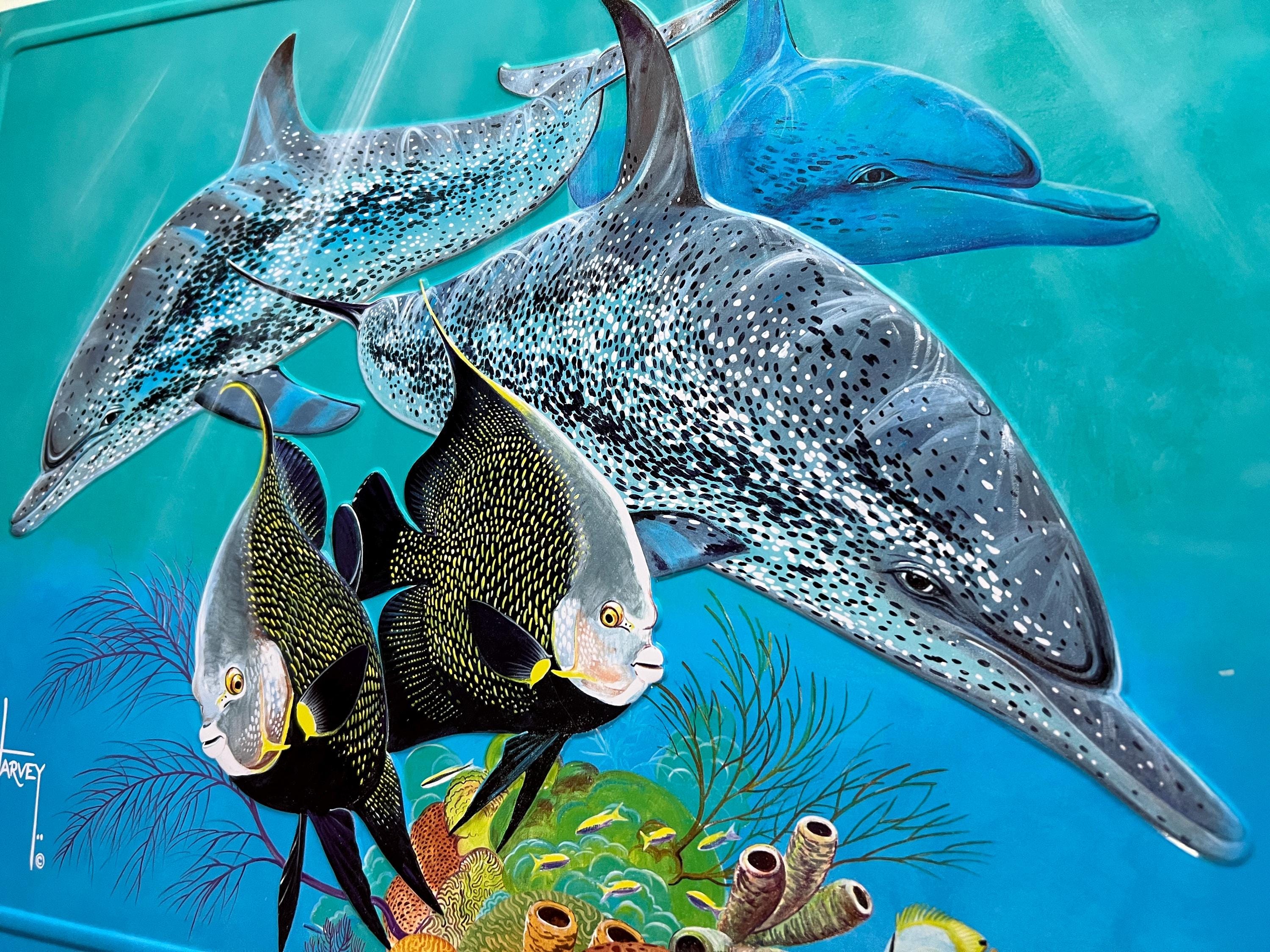 Enseigne Métal Guy Harvey – Dauphin Et Poisson Tropical – 17x12 Pouces – Neuf