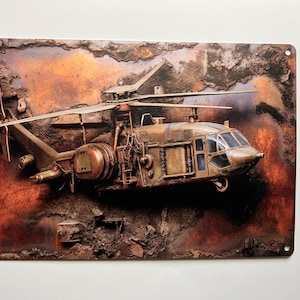 Vecchio elicottero aereo aereo targa in metallo decorazione garage regali per uomo decorazione da parete per garage arrugginito aereo segno rustico stile vintage 11,75 x 7,75 pollici