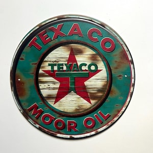 Texaco 8&quot; Rustic Round Metal Sign Man Cave Tin Sign Garage Sign Gifts for Men Wall Decor for Garage Vintage Style Texaco Petroleum Products