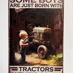 Boys and Tractors Poster Tin Metal Sign Farm Art Wall Decor for Farmhouse Garage Rustic Vintage Style 12&quot;x8&quot; Tractor Art Garden Country Boy