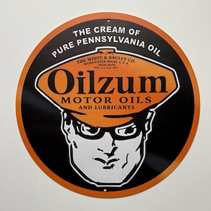Oilzum Olio 8" Cartello in metallo rotondo rustico Cartello in latta Cartello da garage Regali per uomini Decorazione da parete per garage Stile vintage Cartello olio Motore Metallo Arte da giardino