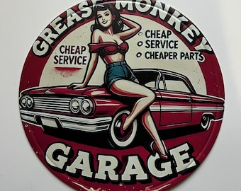 Grease Monkey Garage vieille voiture pin-up 20,2 cm (20,2 cm) étain métal plaque Mancave Decor plaque garage rustique style vintage décoration d'intérieur cadeaux pour papa petite plaque