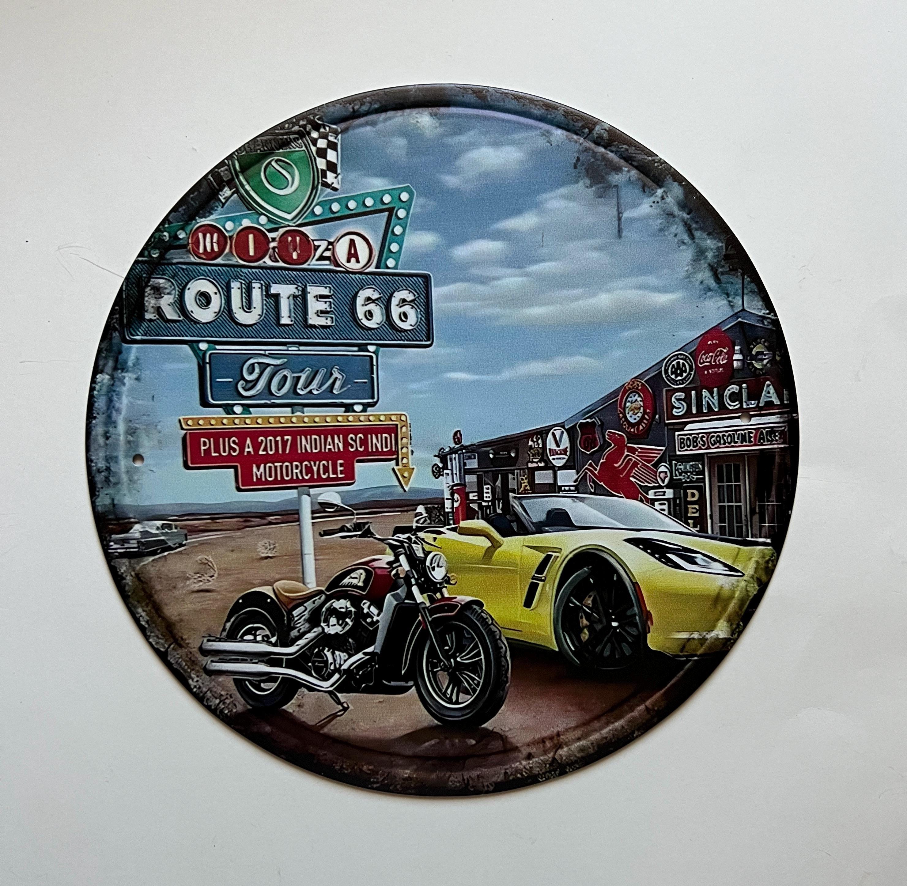 Route 66 Metal Sign, Rustic Man Cave Garage Decor 8" Corvette Indian ...