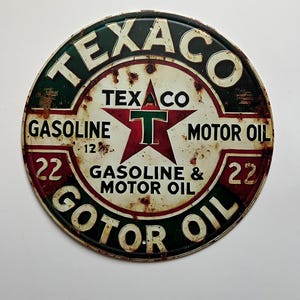 Texaco 8&quot; Rustic Round Metal Sign Man Cave Tin Sign Garage Sign Gifts for Men Wall Decor for Garage Vintage Style Texaco Petroleum Products