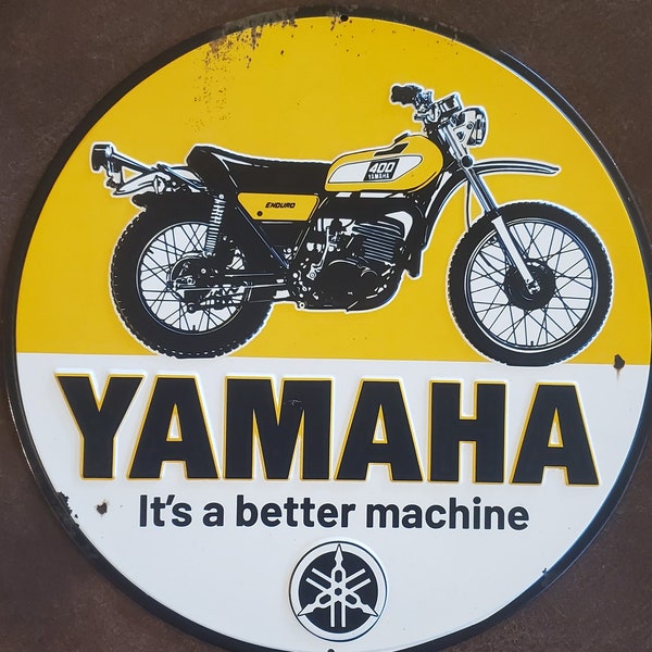 Yellow & White Yamaha Circle Metal Sign Mancave Embossed 12" Motorcycle Gas Oil