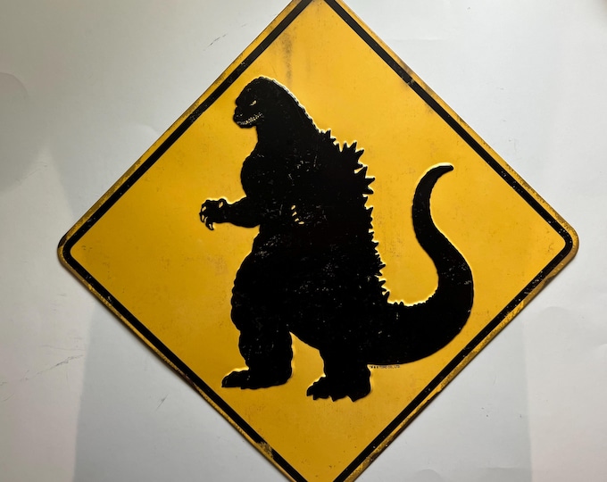 Godzilla Art Yellow Black Diamond Sign Decor Tin Sign Rustic Metal Sign ...