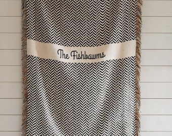 Personalized Woven Cotton Throw Blanket, Herringbone Monogram Blanket, Custom Name Gift for Wedding, Anniversary, Housewarming, Family Gift