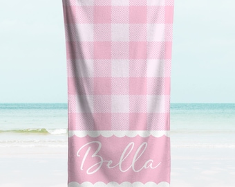 Personalized Gingham Beach Towel for Kids and Adults, Custom Name Monogrammed Summer Pool & Beach Blanket, Toddler Girl Gift For Beach