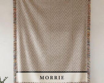 Personalized Woven Cotton Throw Blanket, Herringbone Monogram Blanket, Custom Name Gift for Wedding, Anniversary, Housewarming, Family Gift