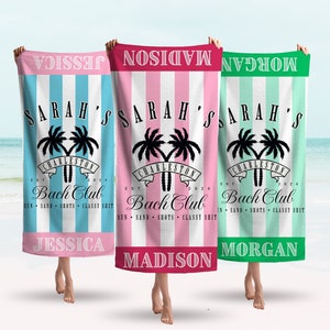 Personalized Bachelorette Party Gift Towel Custom Beach Blanket Social Club Destination Name Bridesmaid Pool Girls Trip Cabana Stripe