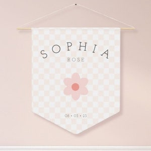 Name Pennant Custom Pennant Flag Name Flag Pennant Banner Name Pennant Flag Custom Baby Gift Newborn Name Sign Daisy Checkered Hanging Flag