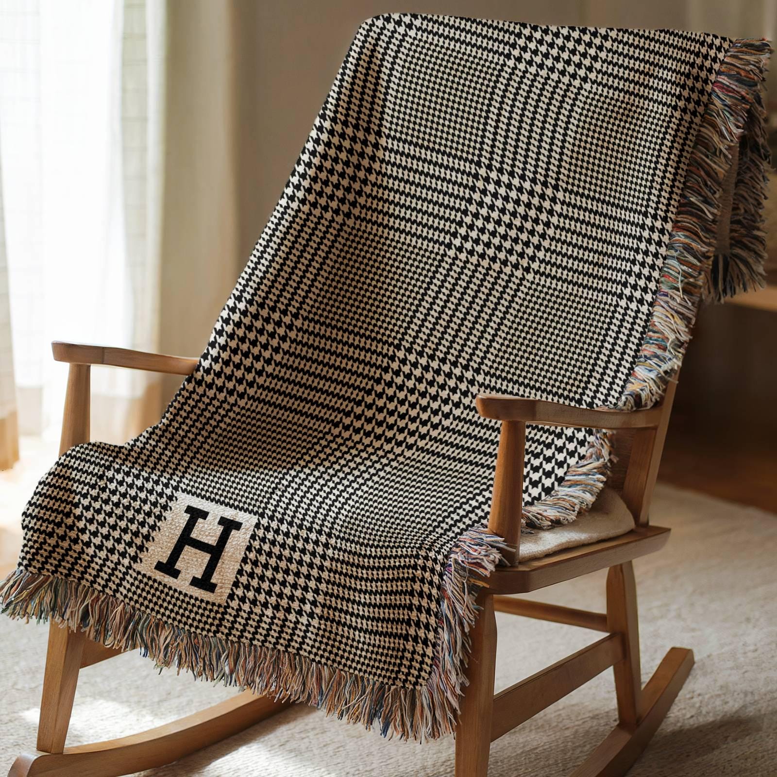Personalized Woven Cotton Throw Blanket, Glen Plaid Monogram Blanket, Custom Name Gift for Wedding, Anniversary, Housewarming, Family Gift