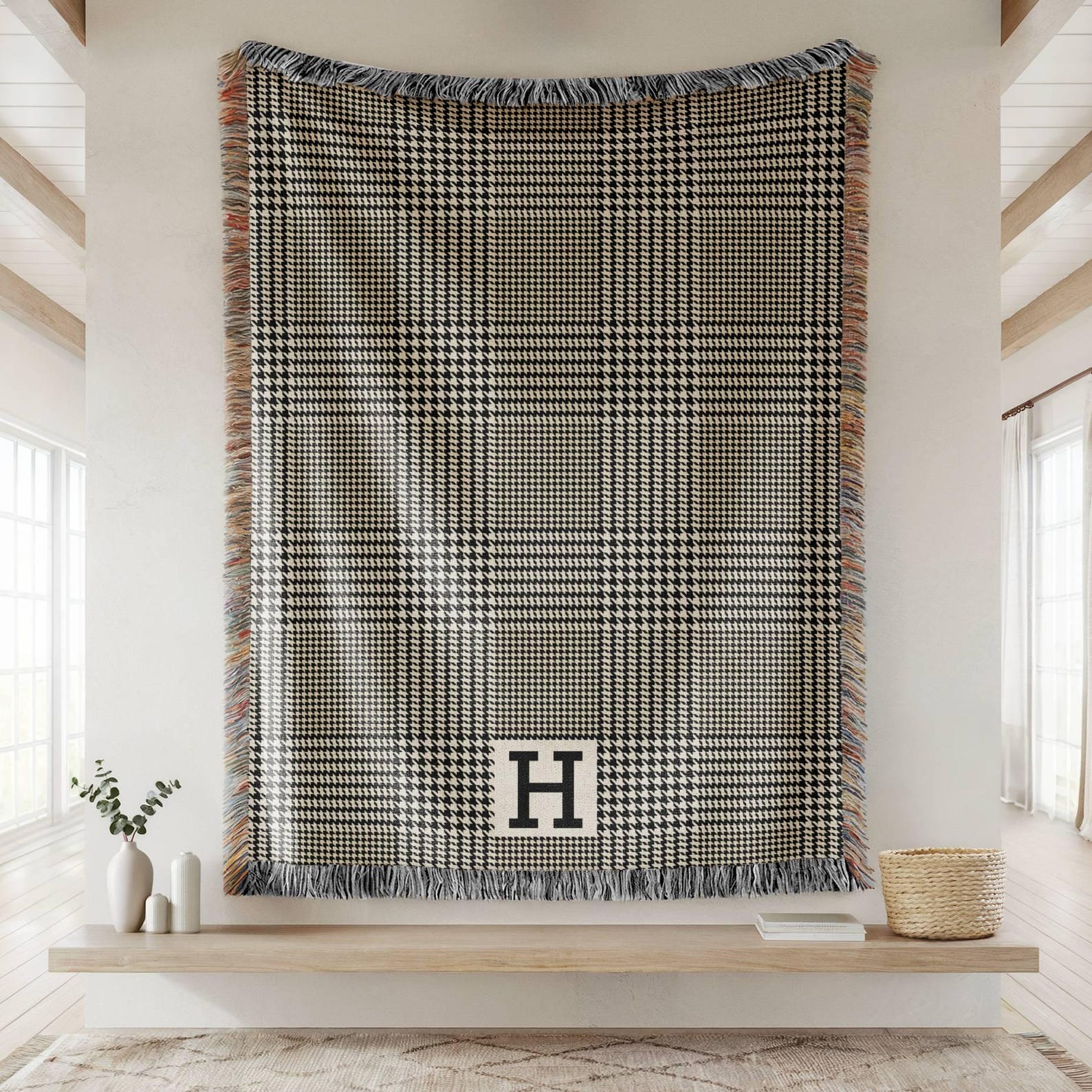 Personalized Woven Cotton Throw Blanket, Glen Plaid Monogram Blanket, Custom Name Gift for Wedding, Anniversary, Housewarming, Family Gift - 80" × 60", Style 5
