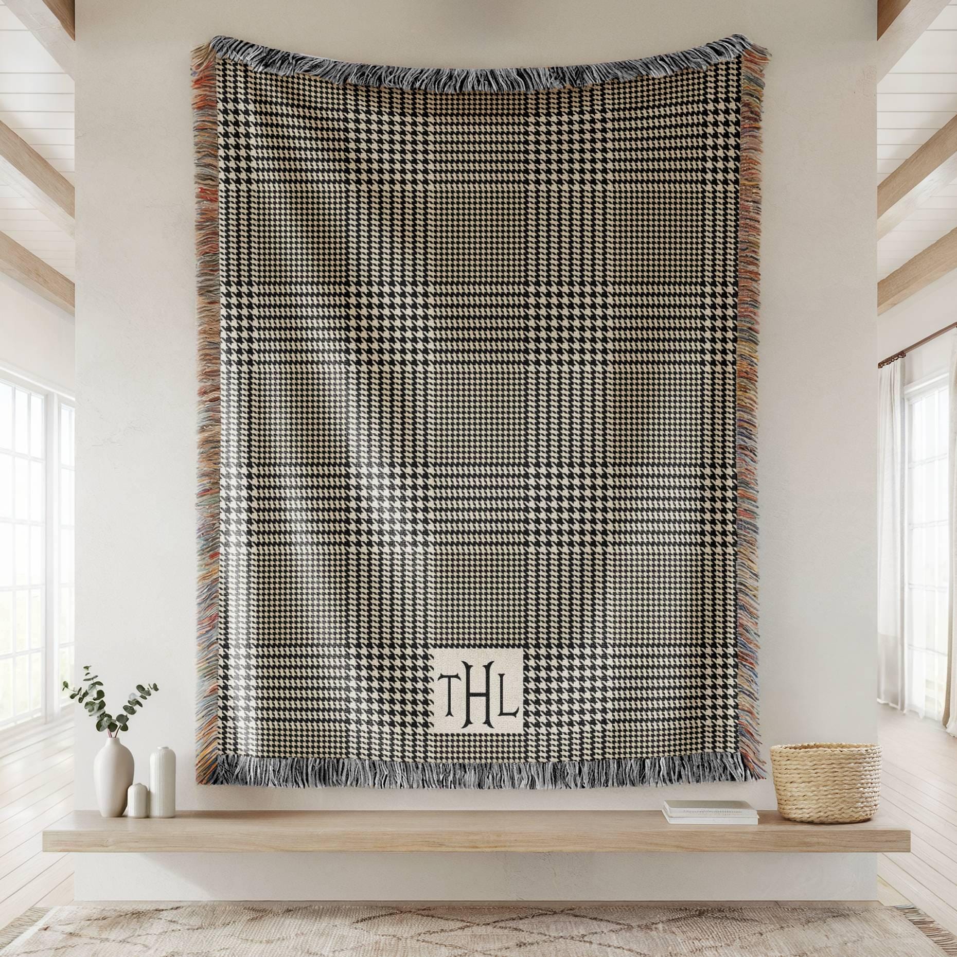 Personalized Woven Cotton Throw Blanket, Glen Plaid Monogram Blanket, Custom Name Gift for Wedding, Anniversary, Housewarming, Family Gift