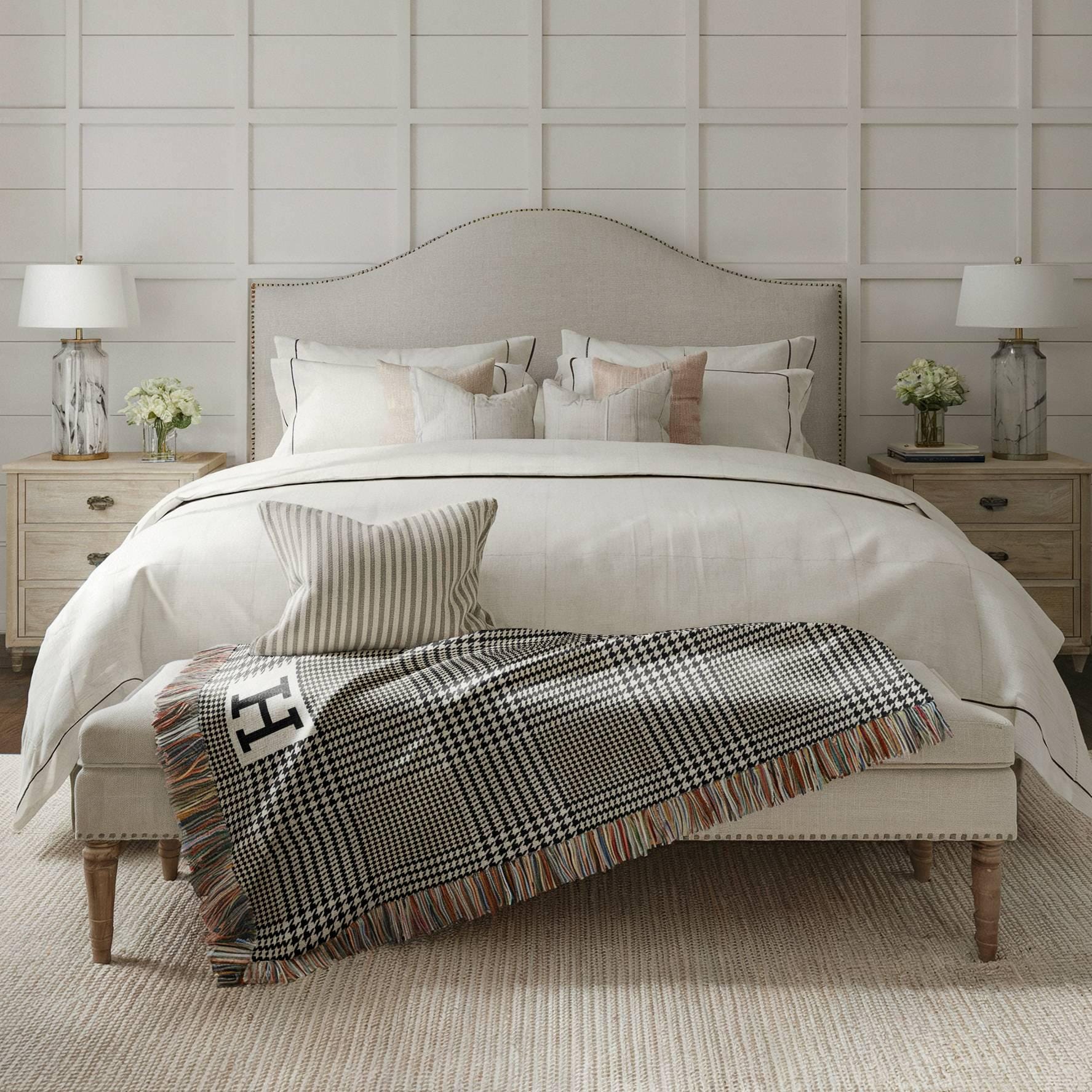 Personalized Woven Cotton Throw Blanket, Glen Plaid Monogram Blanket, Custom Name Gift for Wedding, Anniversary, Housewarming, Family Gift