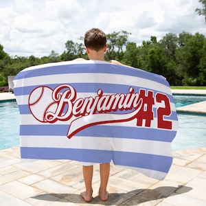 Personalized Baseball Beach Towel for Girls and Boys, Custom Name and Number, Softball and Team Gift | Pool, Beach, Sports, Vacation Towel