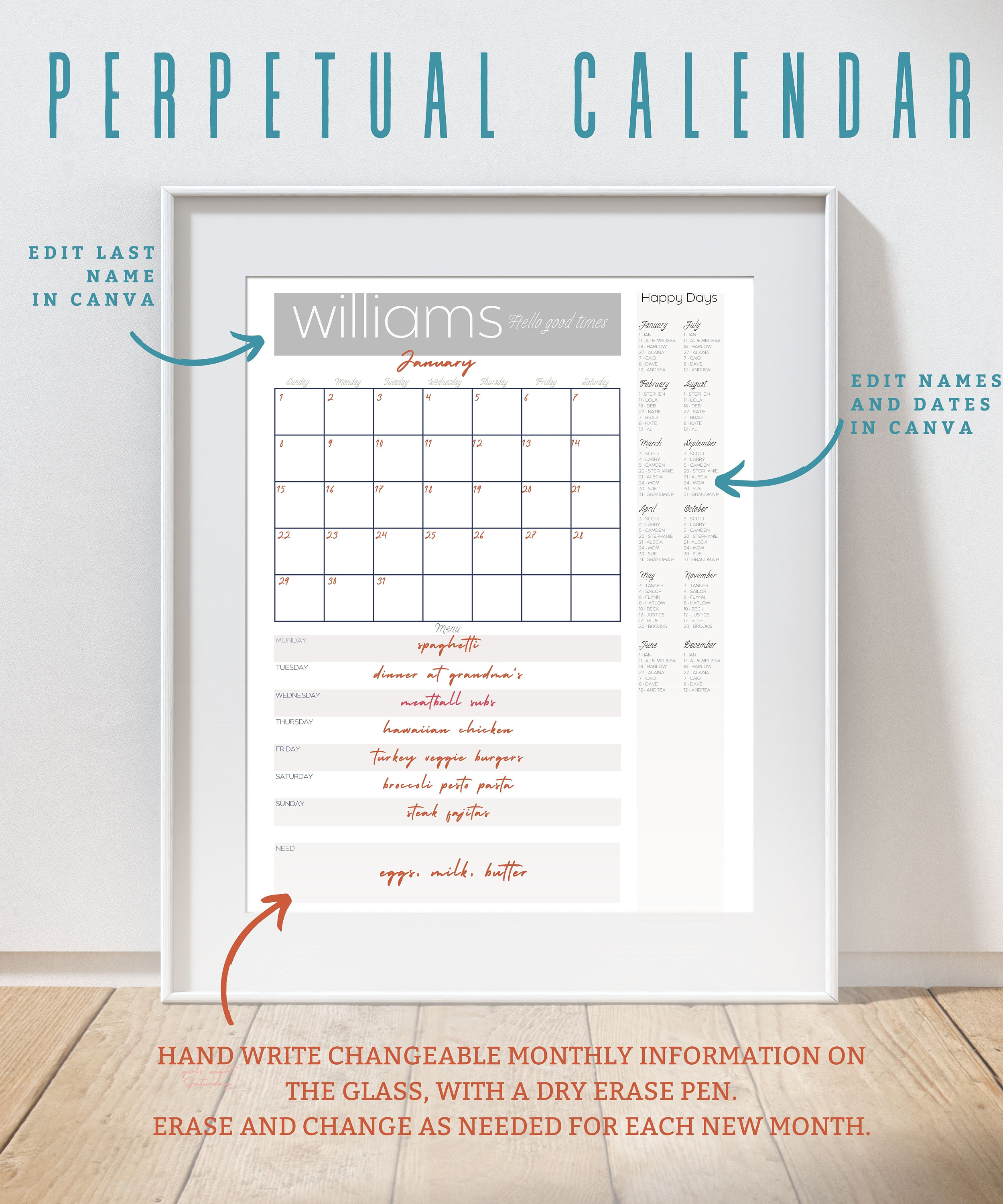 Printable Perpetual Calendar, Instant Digital Download, Sustainable Reusable, Command Center ...
