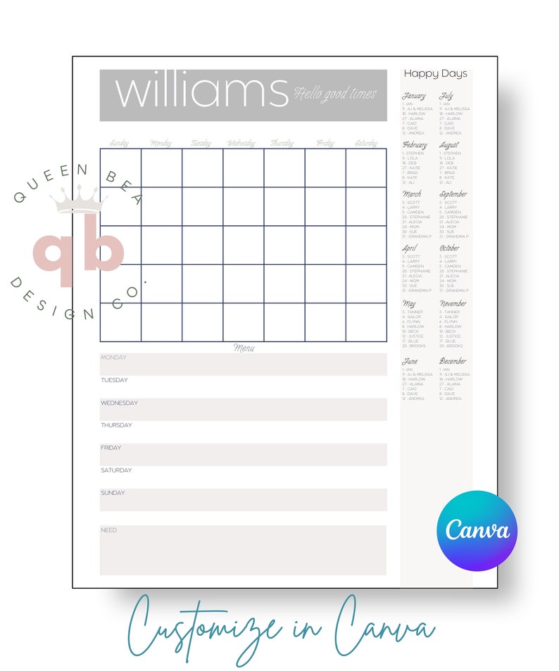 Printable Perpetual Calendar Instant Digital Download Etsy