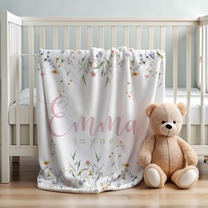 Personalized Baby Blanket with Name | Floral Nursery Minky Fleece Throw | Custom Girl Gift | Baby Shower Gift | Wildflower Design