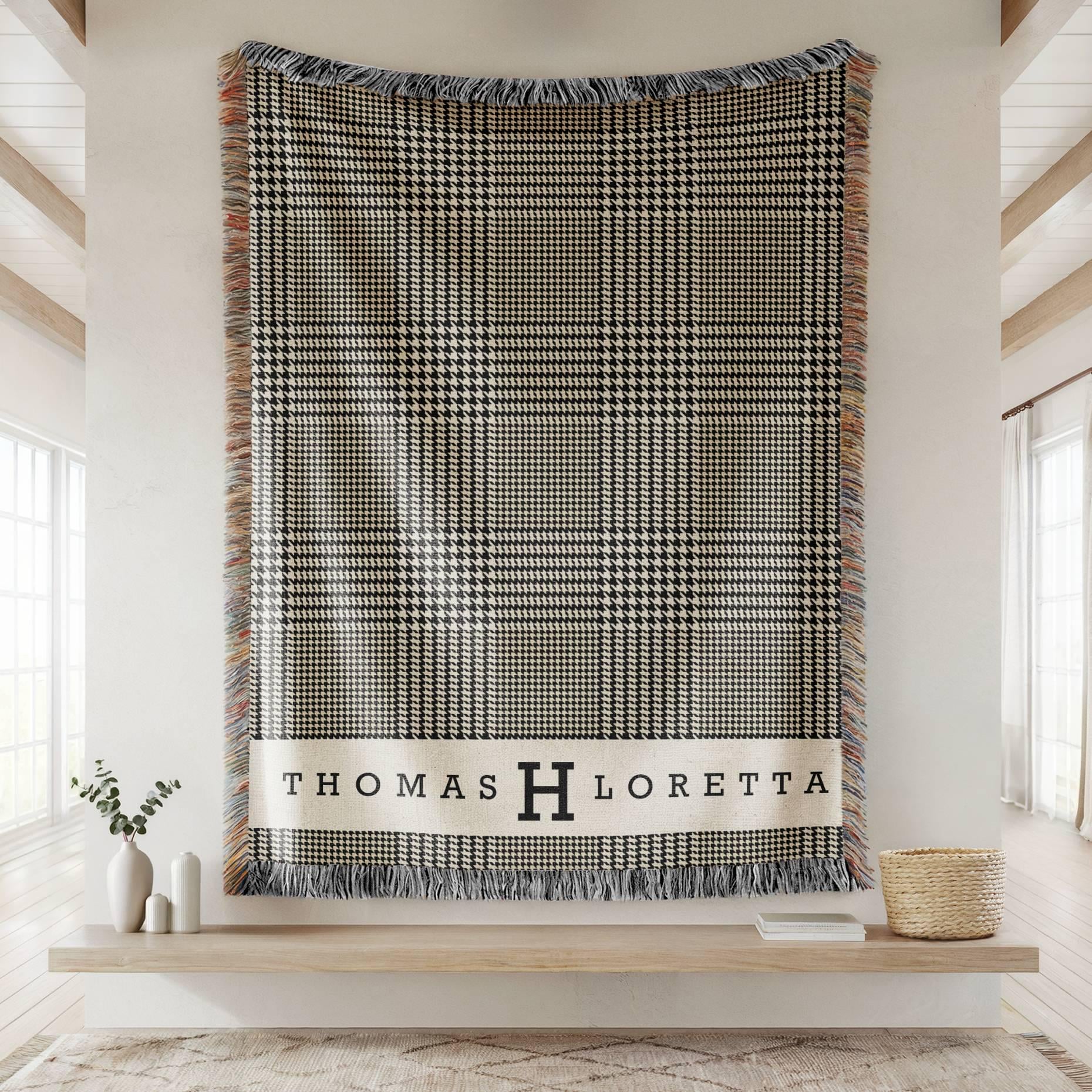 Personalized Woven Cotton Throw Blanket, Glen Plaid Monogram Blanket, Custom Name Gift for Wedding, Anniversary, Housewarming, Family Gift
