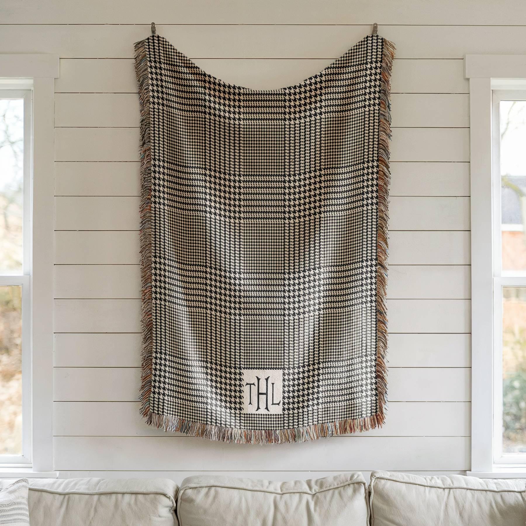 Personalized Woven Cotton Throw Blanket, Glen Plaid Monogram Blanket, Custom Name Gift for Wedding, Anniversary, Housewarming, Family Gift