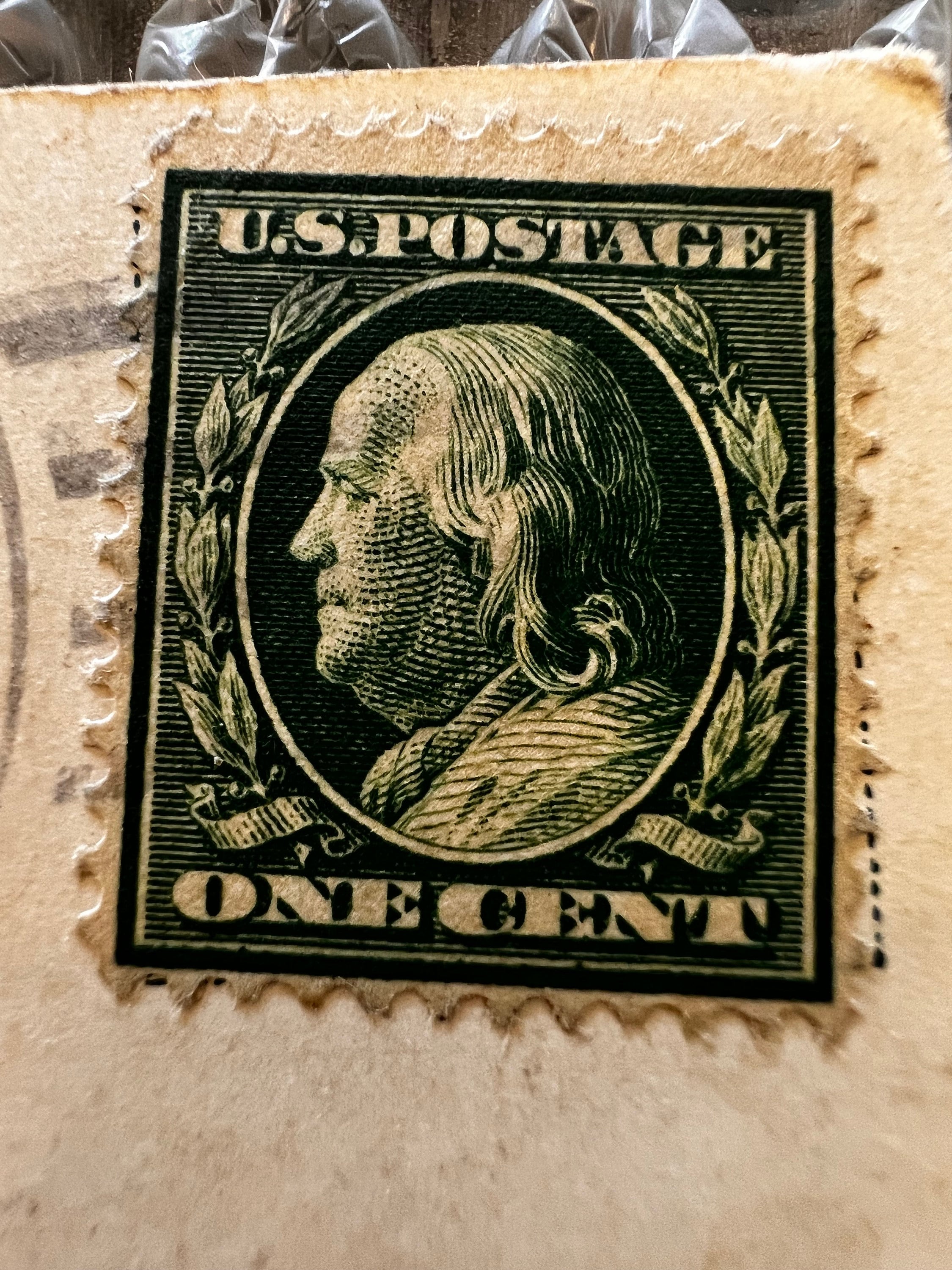 1910 Rare Benjamin Franklin One Cent Stamp Green on 1910 Postcard  display picture 1