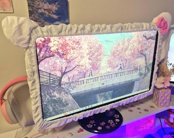 Cute Cat White Monitor Cover Gamer