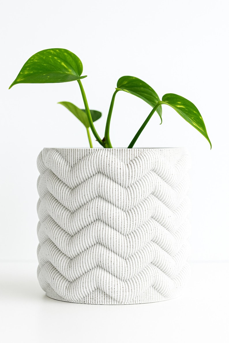 May include: A white, textured ceramic planter with a woven design, holding a green plant with heart-shaped leaves. The planter has a cylindrical shape and sits on a white surface. The plant has green leaves with yellow spots.