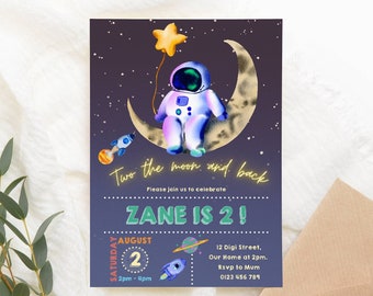 Birthday invitation template two the moon invite digital download invitation templet 2 year old birthday printable card