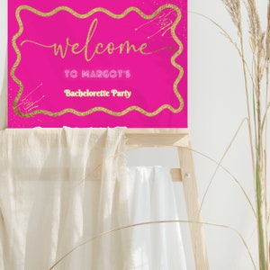 Bachelorette hot pink welcome sign template bright pink and gold hen party signage