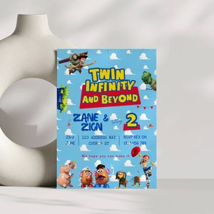 Modèle d'invitation personnalisé pour l'anniversaire des jumeaux sur le thème de l'histoire de jouets