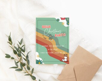 May include: A green and red invitation card with a retro design. The card says "Office Christmas Party!" with a cartoon Christmas tree and snowman. The text also includes the date, time, and RSVP information.