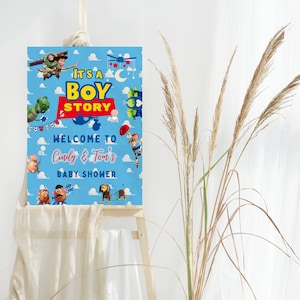 Letrero de bienvenida "Es una historia de niño" editable, tamaño A1, póster para baby shower con la historia de un niño.