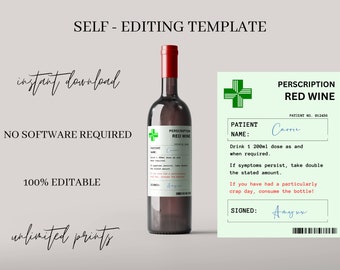 Editable Prescription wine label DIY wine template teacher gift wine bottle label Christmas gift