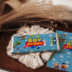 Spielzeug Geschichte Gastgeschenk Schokolade Wrapper Vorlage Es ist ein Junge Spielzeug Geschichte Babyparty personalisieren Schokolade Wrapper