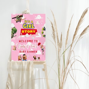 Letrero de bienvenida editable "Es una historia de niñas", tamaño A1, póster para baby shower con la historia de una niña