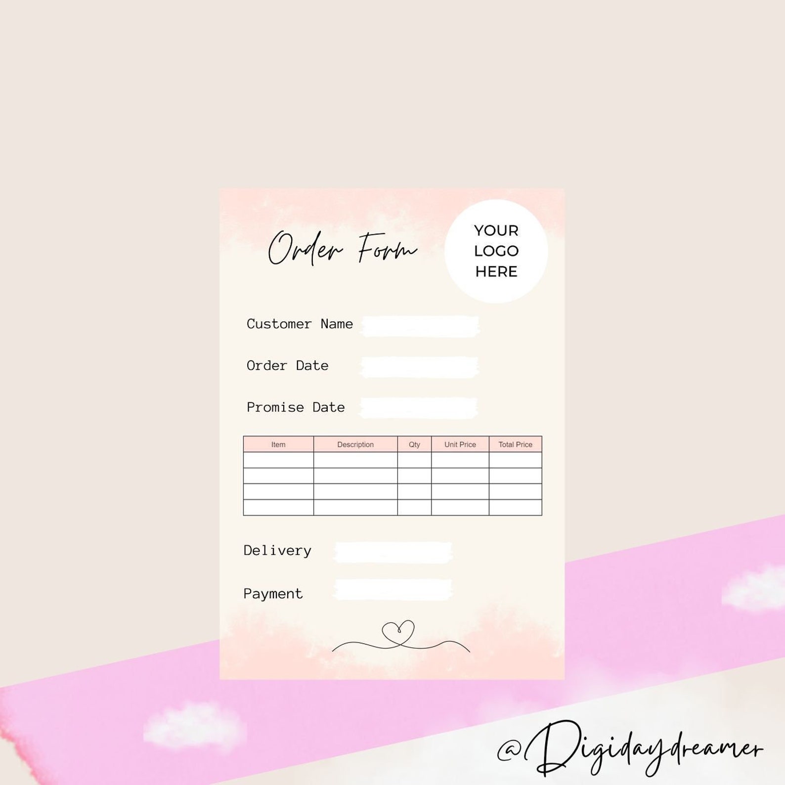 Order Form Template Printable Digital Download Pink Small Biz Form - Etsy