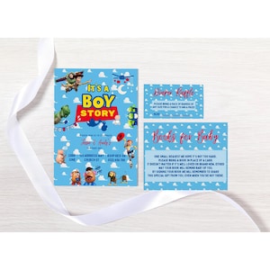 Tarjeta de invitación editable Es una historia de niño Invitación rifa de pañales y libros para bebé plantillas toy story pintables