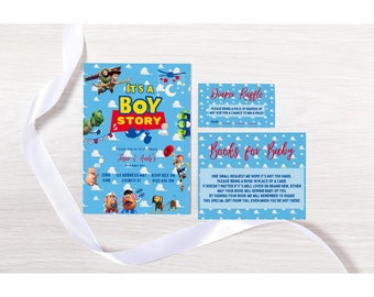 Tarjeta de invitación editable Es una historia de niño Invitación rifa de pañales y libros para bebé plantillas pintables de toy story