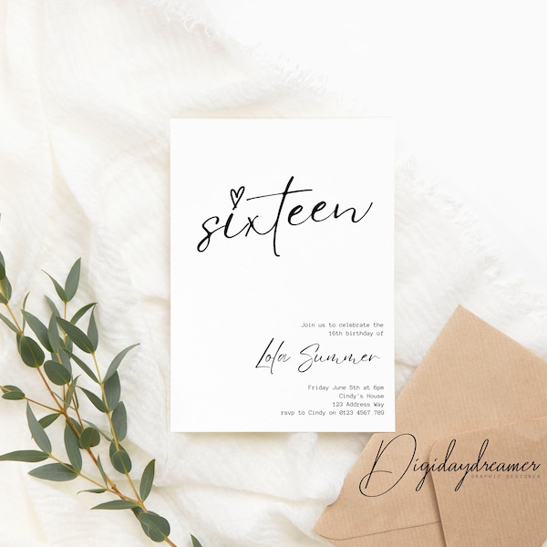 Birthday Invitation template stylish white Invite minimalist printable 16th birthday editable card