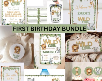 Birthday bundle template set/ printable safari themed digital download/ 1st birthday party package