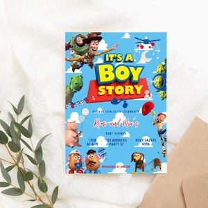 May include: A baby shower invitation featuring characters from the movie Toy Story. The invitation has a blue background with the text "It's a Boy Story". The invitation includes the date, time, address, and RSVP information.