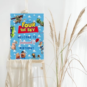 Cartello di benvenuto per compleanno Toy story stampabile A1 Reach for the sky poster di benvenuto modificabile per bambini di quattro anni