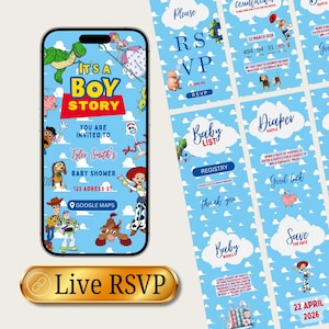 Puede incluir: Una invitación digital para un baby shower con el tema de Toy Story. El diseño presenta la frase "It's a Boy Story" y varios personajes de la película. Detalles adicionales incluyen la fecha, hora e información de RSVP. La invitación se muestra en un teléfono inteligente.