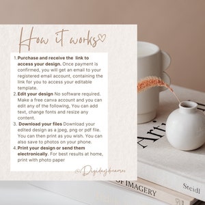 Puede incluir: Un jarr&oacute;n blanco con un tallo de flor seca se encuentra sobre una pila de libros. Los libros tienen las palabras "Art of Imagery" y "Steidl" impresas en las cubiertas. El texto "How it works" est&aacute; escrito en cursiva marr&oacute;n sobre un fondo blanco. El texto a continuaci&oacute;n explica c&oacute;mo comprar, editar, descargar e imprimir un dise&ntilde;o.