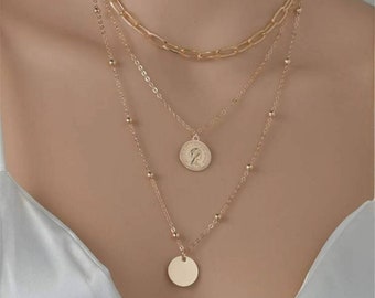 Collier chaîne en or 3 couches/ collier multirangs/ collier pièce de monnaie et disque/collier chaîne de perles