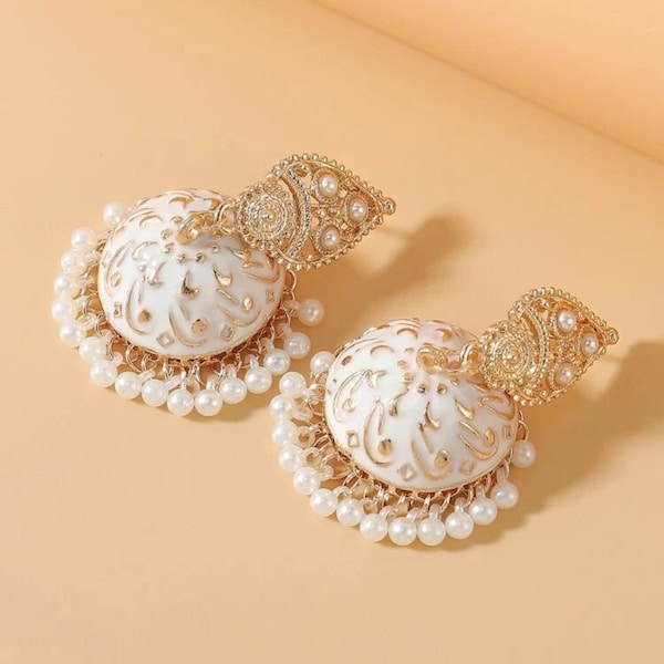 Best-selling White jhumka earrings/ pakistani Indian jewellery/ white jhumka earrings with faux pearls