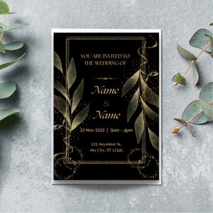 Moderne Hochzeitseinladungsvorlage in Schwarz und Gold, Herbst, metallisches Gold, druckbar, 100 % sofort herunterladbare Vorlage