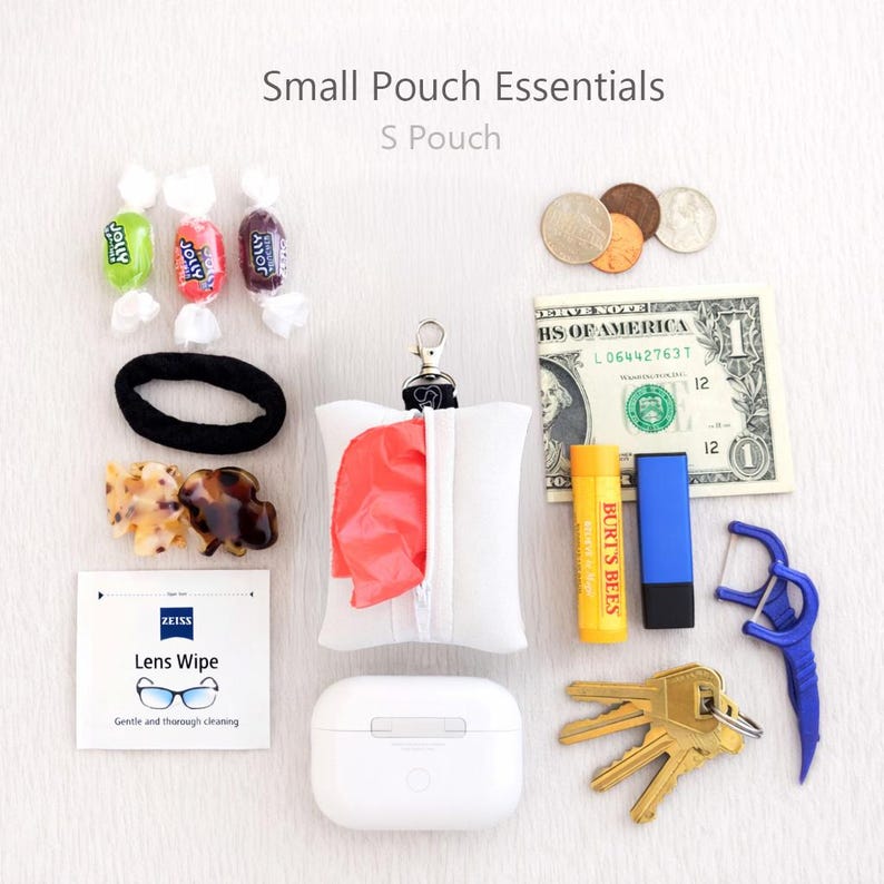 May include: A collection of small everyday essentials, including candies, hair accessories, a small pouch with red tissue, a dollar bill, lip balm, keys, and a case for earbuds. The image also includes a lens wipe and a dental floss pick.