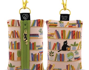 Book Lover Cat Zipper Pouch | Small Organizer with Clip | Neoprene Coin Purse | Librarian Gift Pouch | Bookshelf